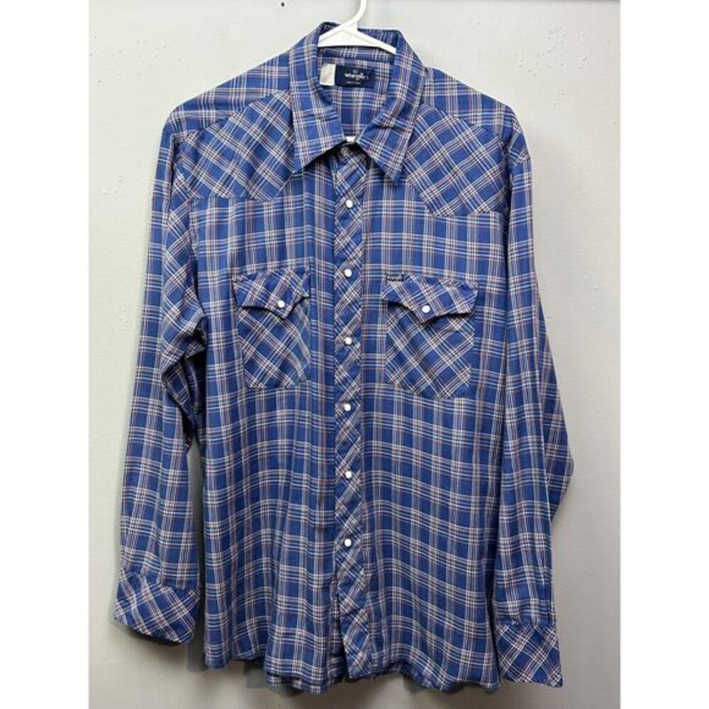 Vintage Wrangler Shirt Mens XL Blue Plaid Western Pearl Snap Cowboy Rodeo 90s